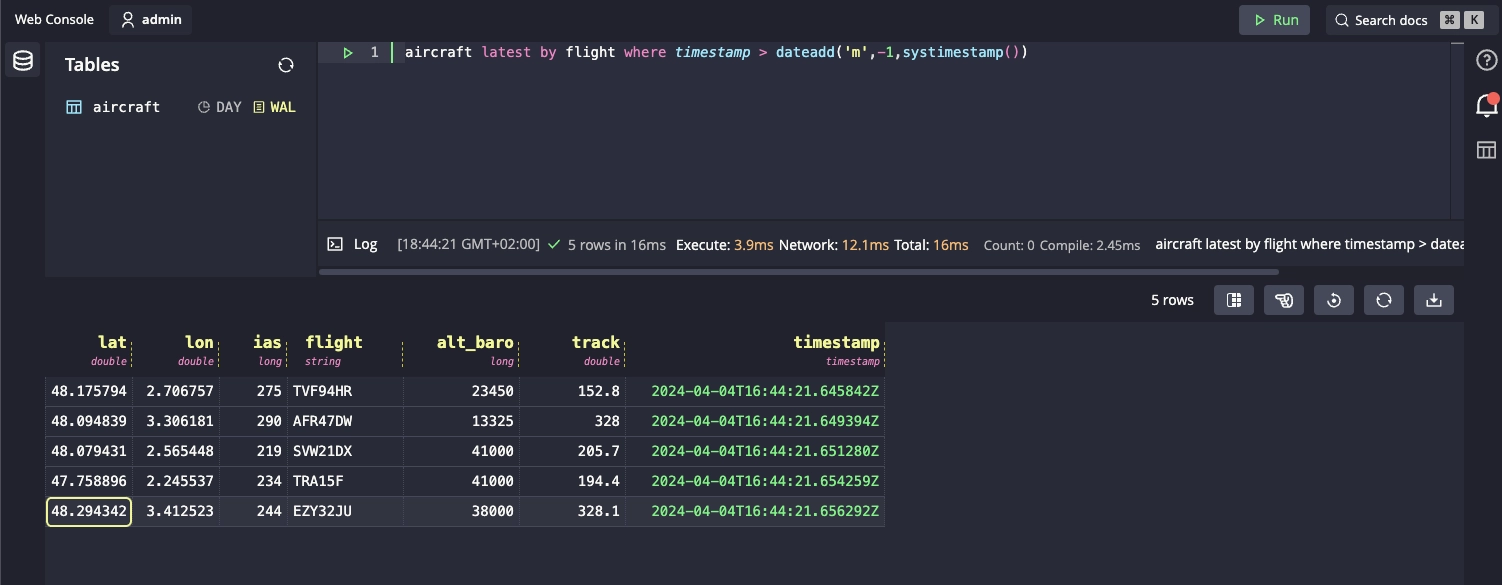 The glorious QuestDB dashboard, with flight data in the tabular buffer at the bottom.