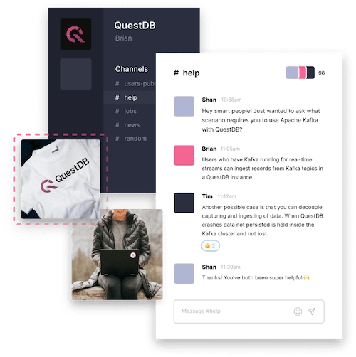 A collage showing conversation from the QuestDB community Slack workspace with QuestDB stickers that participants receive